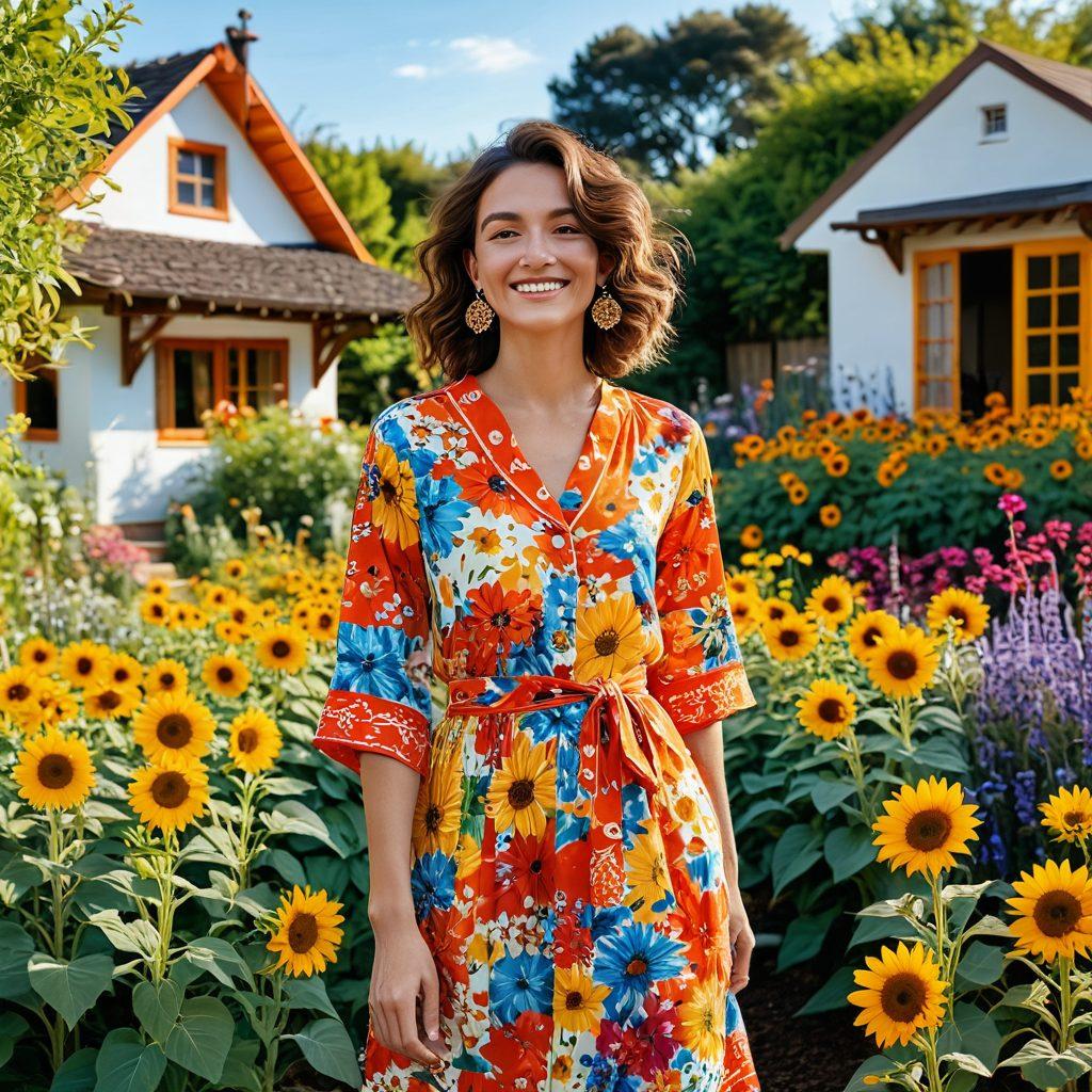 A bright and colorful scene featuring a joyful person wearing vibrant clothing from the Sarenki Collection, surrounded by cheerful elements like sunshine, flowers, and playful animals. The setting is a lively garden filled with laughter and happiness, radiating a sense of joy and carefree lifestyle. Emphasize the vivid colors and playful design of the clothing. super-realistic. vibrant colors. lively background.