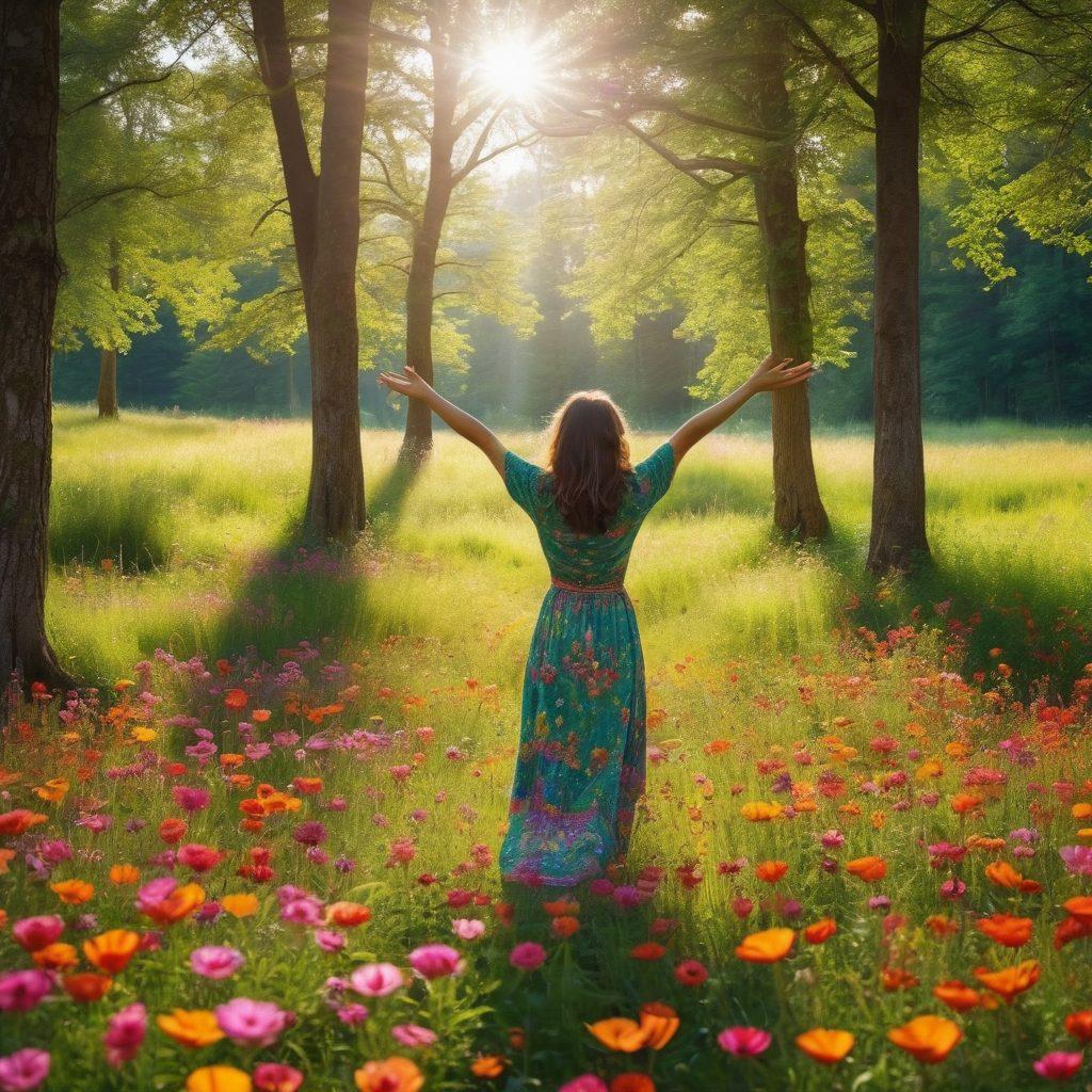 Create an inspiring scene of a person joyfully embracing nature, surrounded by vibrant greenery and colorful flowers, symbolizing transformation and positivity. Incorporate elements from the Sarenki Collection, like unique lifestyle products placed thoughtfully in the environment. The sunlight should be streaming through the trees, casting warm, uplifting shadows. The atmosphere should feel vibrant and hopeful, inviting the viewer to embark on their own transformative journey. super-realistic. vibrant colors. outdoor setting.