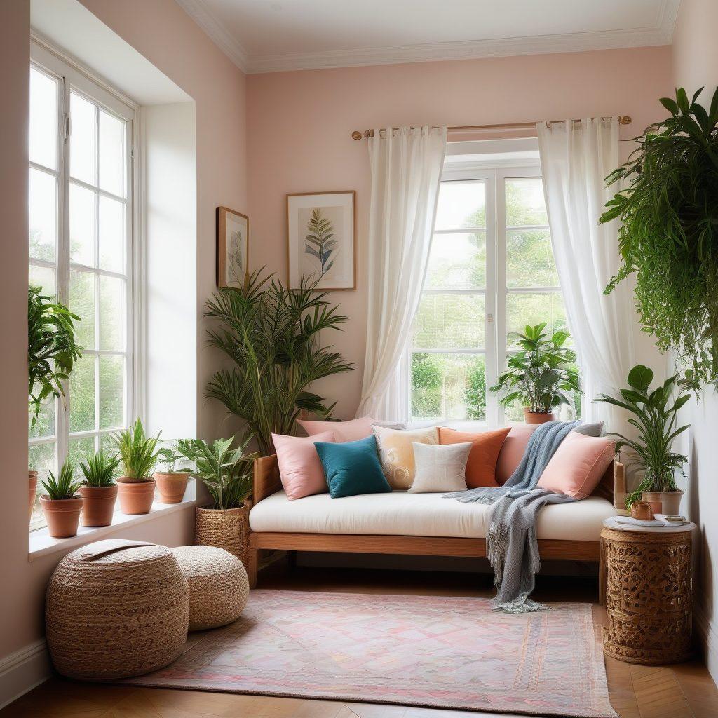 A serene and elegant workspace featuring Sarenki Designs, showcasing beautifully crafted home decor items in soothing pastel colors. Include a cozy reading nook with natural light streaming in, surrounded by lush indoor plants to evoke elation and contentment. Soft textures and subtle patterns should enhance the atmosphere, creating a sense of tranquility and artistic inspiration. super-realistic. vibrant colors. warm lighting.